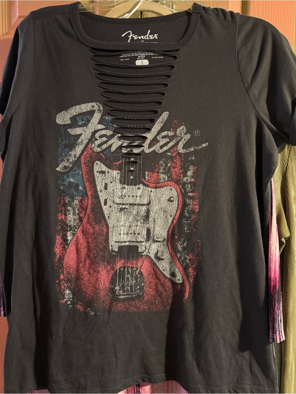 Fender Black Short Sleeve Tee with Red, White & Blue Guitar Graphic